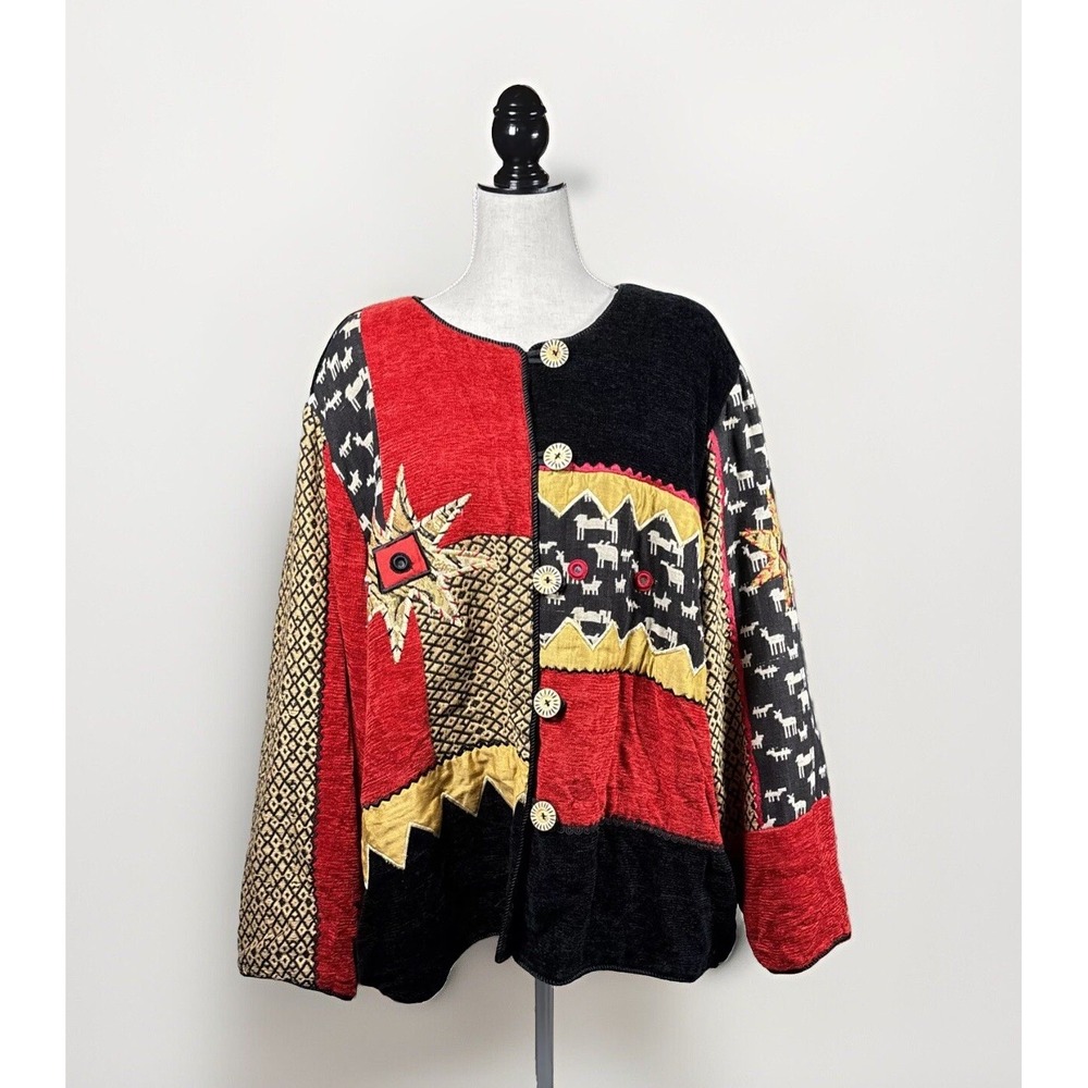 Vintage Patchwork Jacket 3X Southwestern Geometric Red Tapestry Animals Art‎ 90s